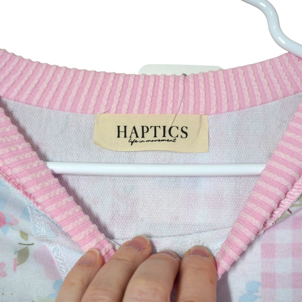 Haptics Oversized Floral Gingham Patchwork Sweatshirt Pink Waffle Back Small NEW - Picture 5 of 6